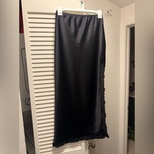 Black Lace Trim Silk Midi Skirt XXS